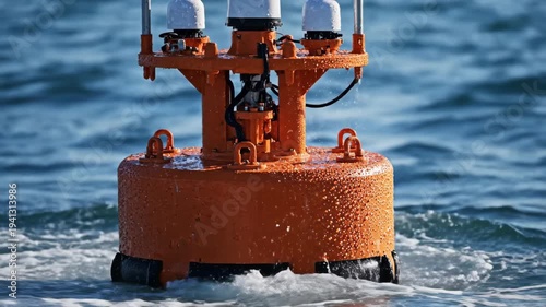 Orange buoy floats on ocean waves, with water splashing against its surface, showcasing its structure and functionality in a marine environment