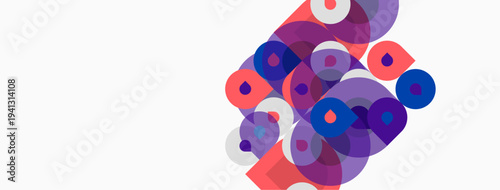 Abstract circles overlap, creating vibrant purple, blue, pink hues. Minimalist design with large white space. Modern, colorful composition.