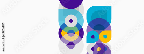 Abstract geometric shapes overlap, creating vibrant color combinations. Circles, squares, rectangles form modern design elements. Minimalist aesthetic.