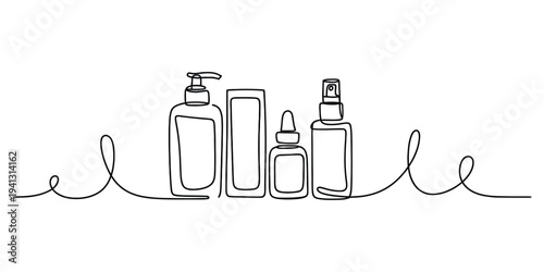 Minimalist continuous line drawing of various cosmetic bottles and skincare products