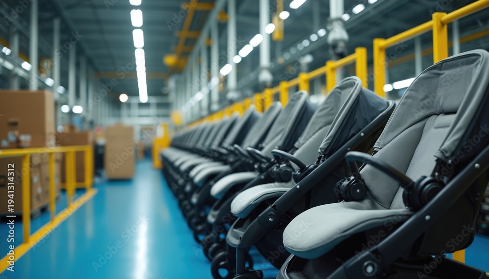 Obraz premium Line of new baby strollers in a factory assembly line. Modern manufacturing process of child transport gear. Production facility with industrial equipment and workers.