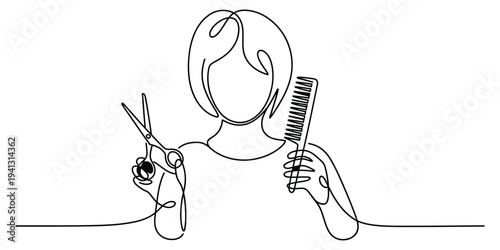 Continuous line drawing of a female hairdresser holding scissors and a comb for hair styling.