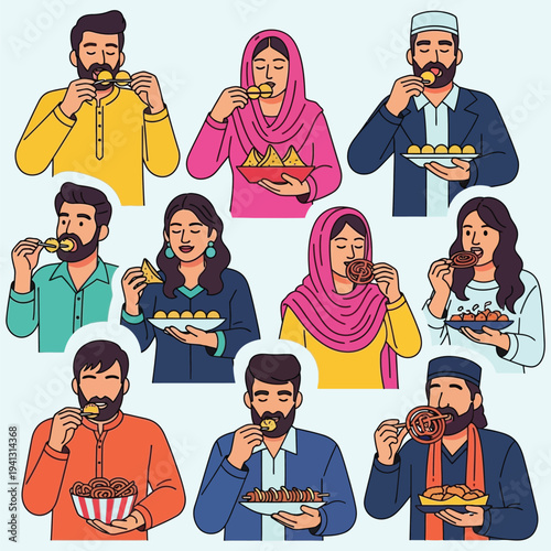 Group of diverse people enjoying traditional street food snacks including samosa jalebi and gulab jamun