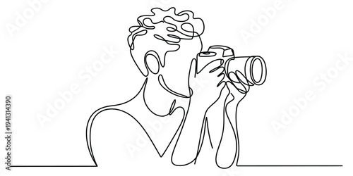 Continuous line drawing of a photographer taking a picture with a professional digital camera