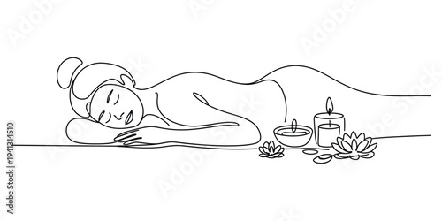A minimal line art illustration of a woman relaxing at a spa with candles and lotus flowers