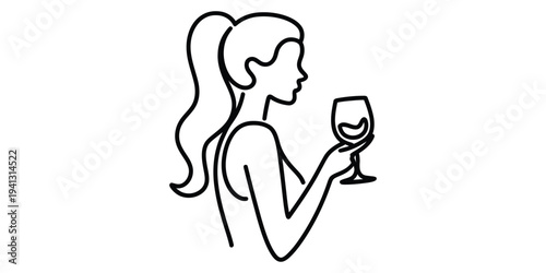 A minimalist line art illustration of a woman with a ponytail holding a glass of wine.
