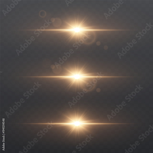 Golden lens flare light flashes with glow and bokeh effect on dark background.