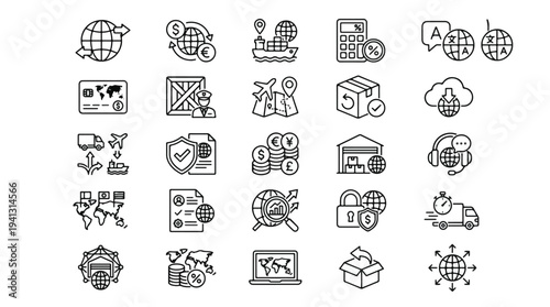 Collection of modern line icons for business, finance, and logistics concepts