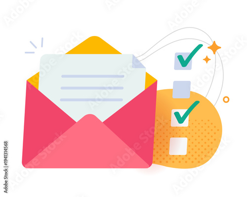 Email newsletter marketing survey feedback envelope icon vector modern illustration design, mail letter message with checkmark checklist flat online digital, cartoon drawn questionnaire vote clipart
