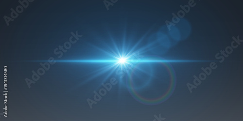 Blue lens flare light with glowing star rays on dark background.