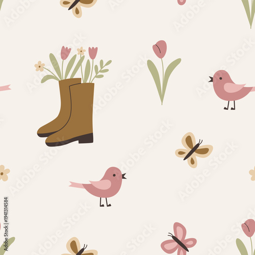 A spring seamless pattern in beige and brown tones. A playful backdrop for wallpaper, children's textiles, and scrapbooking.