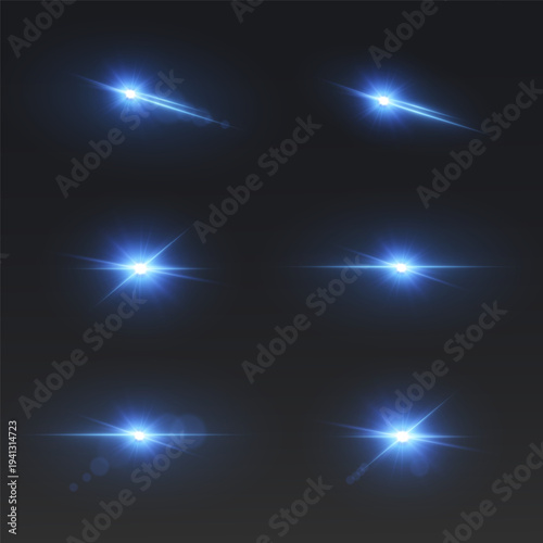 Blue lens flare light bursts set with glowing star flashes and bright optical effects.