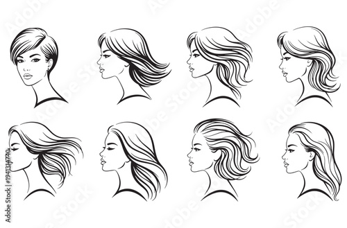 Set of elegant female face portraits with various hairstyles including short, long, wavy, and curly hair for fashion and beauty designs