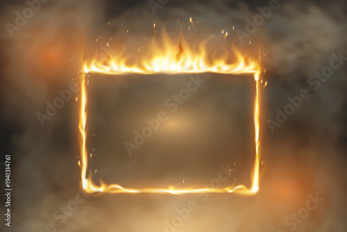 Burning fire frame with flames and sparks on smoky background vector.