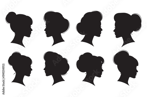 Set of elegant female head silhouettes in profile view featuring various classic hairstyles and updos suitable for portraits or beauty projects