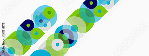 Abstract circles overlap, creating vibrant patterns. Blue, green hues dominate design. Minimalist aesthetic, clean background present.
