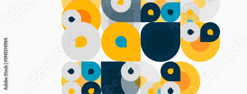 Abstract geometric shapes, circles, squares, overlapping colors. Modern design, flat illustration, simple composition. Bright hues create visual interest.