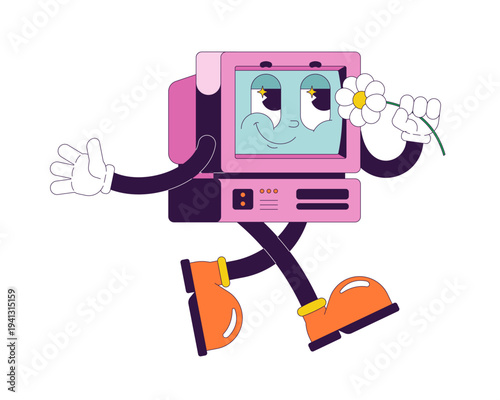 Playful old computer walking with daisy groovy retro character. Nostalgia monitor. Isolated cartoon device vintage mascot. Funky illustration 60s 70s vibe. Anthropomorphic object. Technology personage