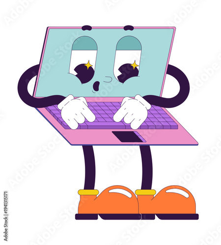 Laptop typing groovy retro character. Remote work. Freelance productivity. Wfh. Isolated cartoon device vintage mascot. Funky illustration 60s 70s vibes. Anthropomorphic object. Technology personage