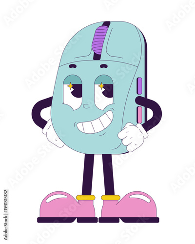 Confident computer mouse with hands on hips groovy retro character. PC accessory. Isolated cartoon device vintage mascot. Funky illustration 60s 70s vibes. Anthropomorphic object. Technology personage