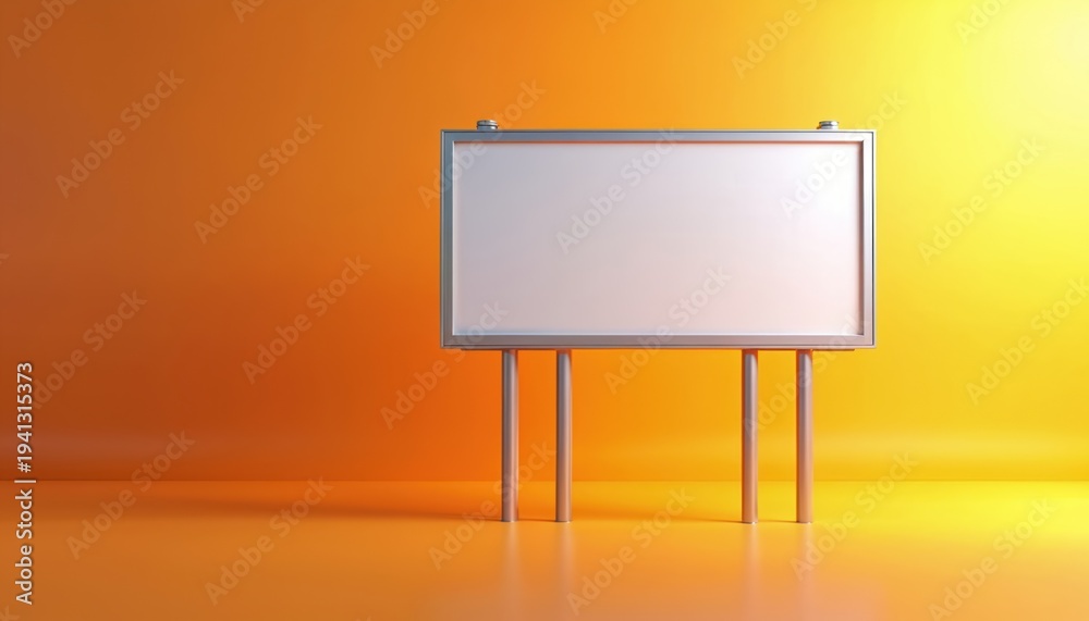 Obraz premium Blank billboard stands on metal poles against vibrant orange, yellow gradient background. Clean, simple display area ready for custom graphics or text. Modern frame suitable for diverse ad concepts.