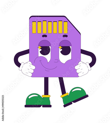 Smirking micro SD card groovy retro character. Flash memory. Data storage. Isolated cartoon device vintage mascot. Funky illustration 60s 70s vibes. Anthropomorphic object. Technology personage