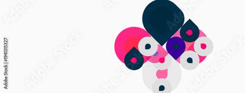 Abstract colorful circles overlap, creating playful composition. Pink, navy, white hues dominate simple design. Modern, geometric shapes present.