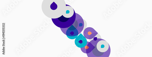 Abstract circles overlap, creating vibrant purple, teal, white shapes. Minimalist design suggests movement, energy, modern aesthetic.
