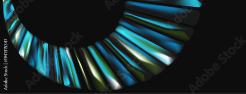 Abstract iridescent lines form curved shape. Dark background emphasizes vibrant colors, creating modern visual effect.