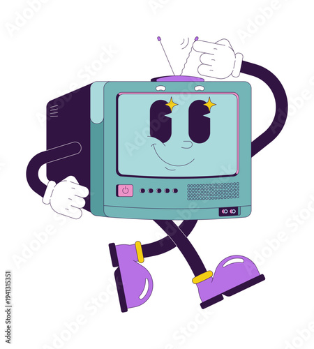 CRT television adjusting antenna groovy retro character. TV broadcasting. Isolated cartoon device vintage mascot. Funky illustration 60s 70s vibes. Anthropomorphic object. Technology personage