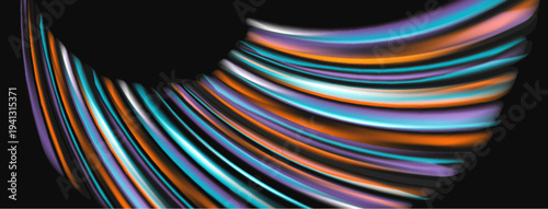 Abstract flowing lines create dynamic visual impact. Vibrant colors blend, forming curved shapes against dark background. Modern design.