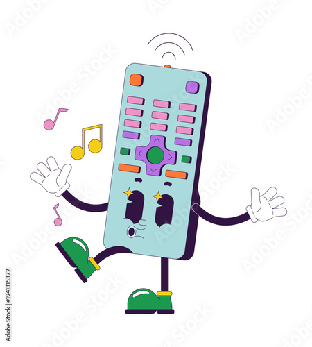 TV remote control dancing quirky groovy retro character. Channel switching. Isolated cartoon device vintage mascot. Funky illustration 60s 70s vibes. Anthropomorphic object. Technology personage