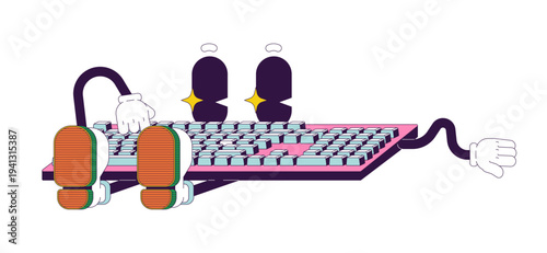 Computer keyboard typing groovy retro character. Data entry. Neubrutalism. Isolated cartoon device vintage mascot. Funky illustration 60s 70s vibes. Anthropomorphic object. Technology personage