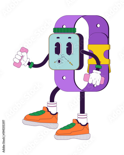 Smartwatch fitness groovy retro character. Sporty smart watch with dumbbells. Isolated cartoon device vintage mascot. Funky illustration 60s 70s vibes. Anthropomorphic object. Technology personage