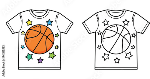 Kids basketball t-shirt design vector illustration with stars. Colored and black and white outline version perfect for coloring book or apparel template.
