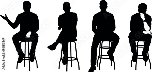 Men sitting on stools silhouette set, people conversation poses vector, male discussion gesture illustration, business interview characters collection