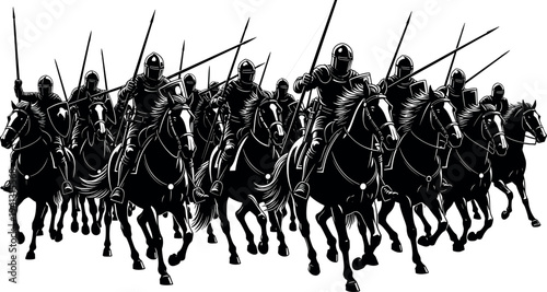 Medieval cavalry knights charge, armored horse riders army, historic battle scene illustration, warrior soldiers with lances, medieval warfare