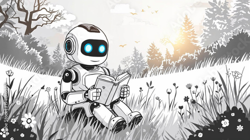 illustration of robot with glowing blue eyes sits peacefully in a sunlit meadow filled with wildflowers, reading a book