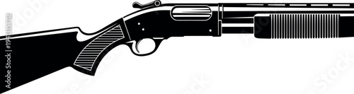Pump action shotgun silhouette, tactical firearm outline, hunting weapon illustration, black gun icon, classic shotgun design, isolated firearm silhouette