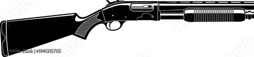 Pump action shotgun silhouette, tactical firearm outline, hunting weapon profile, black gun icon, isolated shotgun illustration, classic pump shotgun design