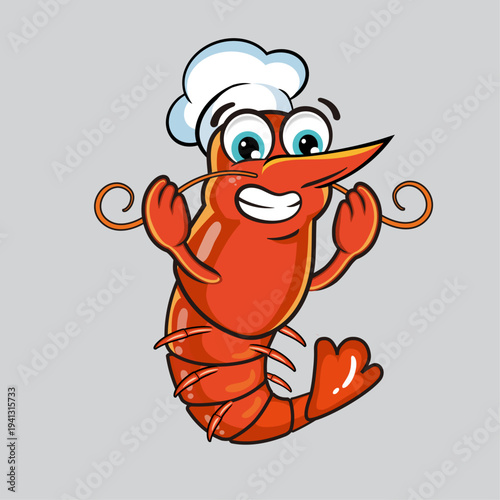 Funny Shrimp Chef Cartoon Mascot Cooking, Cute Seafood Shrimp Chef Character vector Illustration