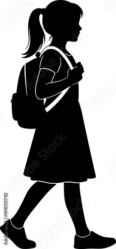 School girl walking silhouette vector, student child with backpack illustration, education concept icon, young pupil walking to school