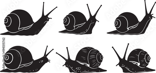 Collection of black snail silhouettes in various poses moving