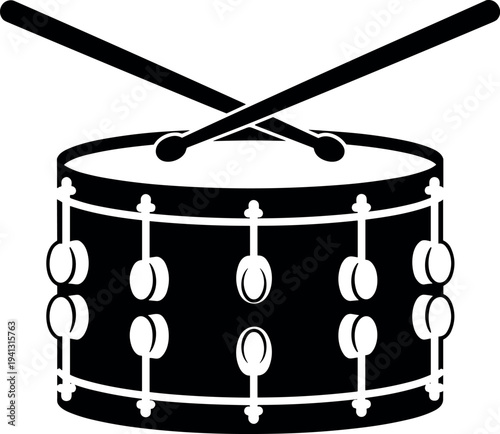 Snare drum silhouette vector illustration, drum with drumsticks icon, marching band percussion instrument, music equipment symbol design