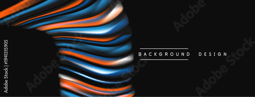Abstract flowing layers, blue, orange hues. Dynamic composition, modern design element. Dark background emphasizes vibrant curves.