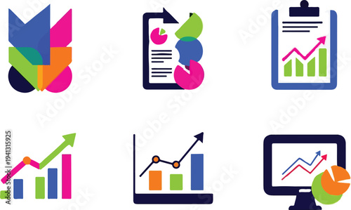 Set of 6 colorful business analytics and data visualization vector icons featuring charts, graphs, and reports for financial growth and marketing strategies