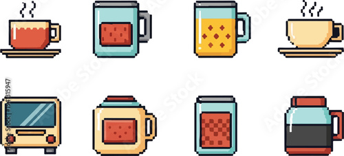Set of 8 Pixel Art Drink Icons Vector Collection Featuring Coffee Cups, Mugs, and Juice Glasses for Retro Gaming and Digital Design