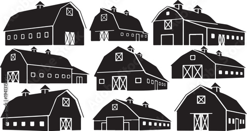 Collection of black and white barn silhouettes in various styles