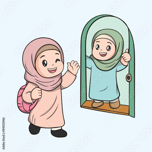 Cute Muslim girl with backpack visiting a friend’s house during Eid celebration. Another girl opens the door and welcomes her warmly, representing visiting relatives and neighbors in Lebaran tradition