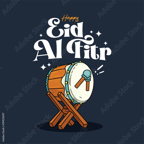 Happy Eid Al Fitr Greeting with Traditional Bedug Drum Illustration
